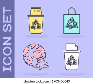 Set Recycle bin with recycle symbol, can, Planet earth and a recycling and Plastic bag. Vector