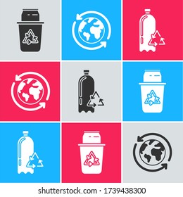 Set Recycle bin with recycle symbol and can, Planet earth and a recycling and Recycling plastic bottle icon. Vector
