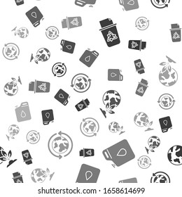 Die Mülltonne mit Recyclingsymbol, Gaskanister, Erdkugel, Pflanzen und Erde sowie ein nahtloses Recycling. Vektorillustration