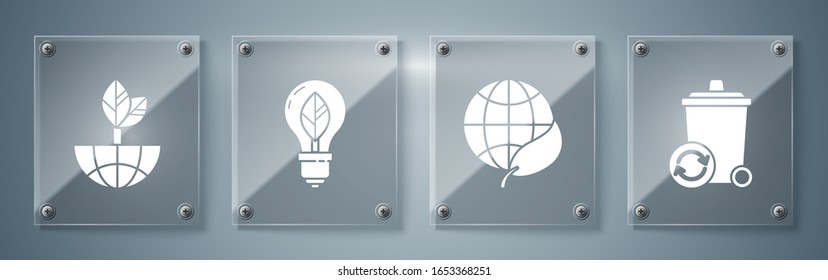 Coloque la papelera de reciclaje con el símbolo de reciclaje, globo terrestre y hoja, bombilla con hoja y globo terrestre y hoja. Paneles de vidrio cuadrado. Vector
