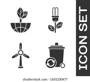 Set Recycle bin with recycle symbol, Earth globe and leaf, Wind turbine and Light bulb with leaf icon. Vector