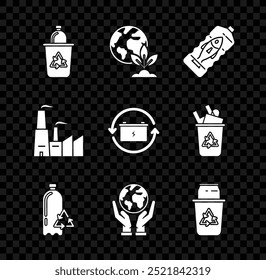 Set Recycle bin with recycle symbol, Earth globe and plant, Stop ocean plastic pollution, Recycling bottle, Human hands holding, can, Factory and Battery icon. Vector