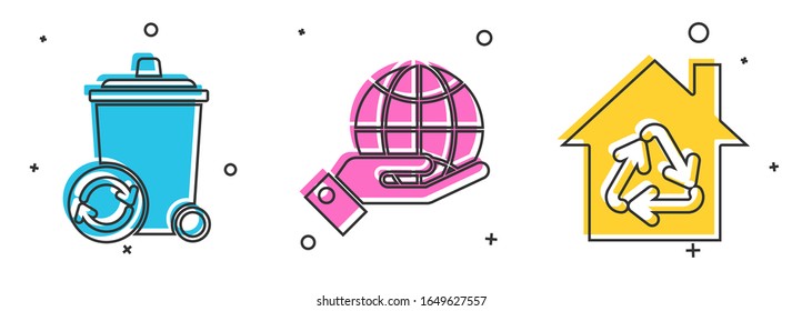 Set Recycle bin with recycle symbol, Human hands holding Earth globe and Eco House with recycling symbol icon. Vector
