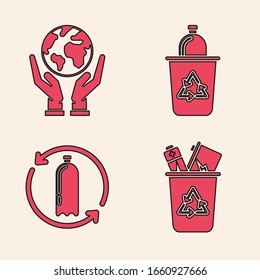 Set Recycle bin with recycle symbol, Human hands holding Earth globe, Recycle bin with recycle symbol and Recycling plastic bottle icon. Vector