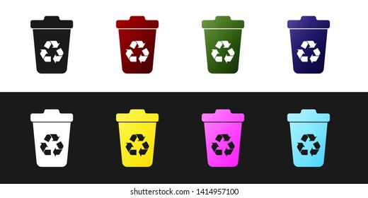 Set Recycle bin with recycle symbol icon isolated on black and white background. Trash can icon. Garbage bin sign. Recycle basket sign. Vector Illustration