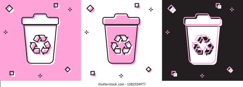 Set Recycle bin with recycle symbol icon isolated on pink and white, black background. Trash can icon. Garbage bin sign. Recycle basket sign.  Vector Illustration