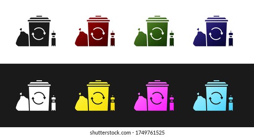 Set Recycle bin with recycle symbol icon isolated on black and white background. Trash can icon. Garbage bin sign. Recycle basket. Vector Illustration