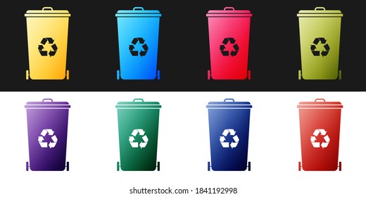 Establezca la papelera de reciclaje con el icono del símbolo de reciclaje aislado en fondo blanco y negro. Icono de la barra diagonal. Signo de basurero. Icono de la canasta de reciclaje. Vector.