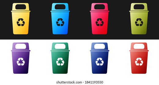 Set Recycle bin with recycle symbol icon2 isolated on black and white background. Trash can icon. Garbage bin sign. Recycle basket sign. Vector.