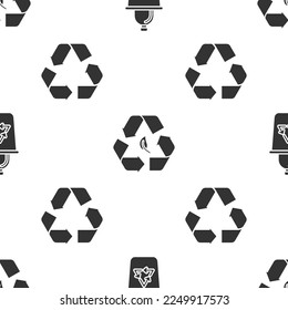 Set Recycle bin with recycle symbol, Recycle symbol and leaf and Recycle symbol on seamless pattern. Vector