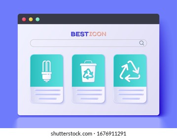 Set Recycle bin with recycle symbol, LED light bulb and Recycle symbol icon. Vector