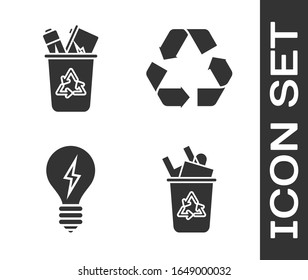 Set Recycle bin with recycle symbol, Light bulb with lightning symbol  icon. Vector