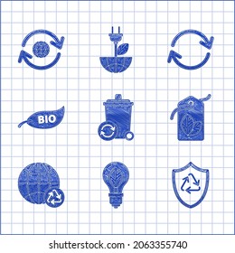 Ajuste la papelera de reciclaje con el símbolo de reciclado, la hoja de bombilla, el escudo interior, la etiqueta, la tierra del planeta y el reciclado, la biología de hojas, la actualización y el icono. Vector