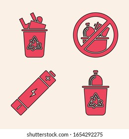 Establecer papelera de reciclaje con símbolo de reciclaje, Papelera de reciclaje con símbolo de reciclaje, Icono Sin basura y Batería. Vector