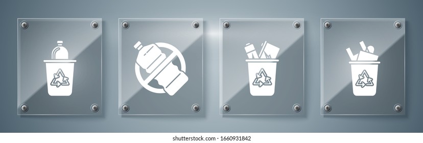 Coloque la papelera de reciclaje con el símbolo de reciclaje, sin botella de plástico. Paneles de vidrio cuadrado. Vector