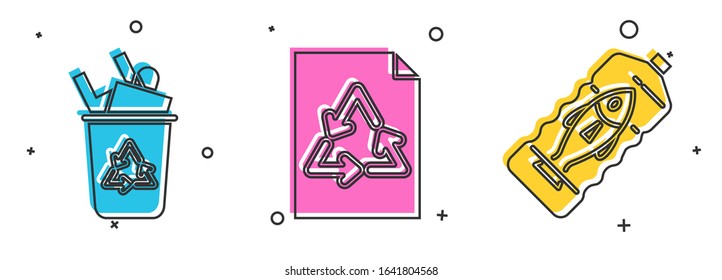 Set Recycle bin with recycle symbol, Paper with recycle and Stop ocean plastic pollution icon. Vector