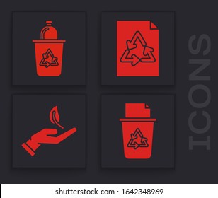 Set Recycle bin with recycle symbol, Paper with recycle and Sprout in hand of environmental protection icon. Vector