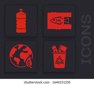 Coloque la papelera de reciclaje con el símbolo de reciclaje, la botella de plástico, Detenga la contaminación de plástico del océano y el globo terrestre y el icono de la hoja. Vector