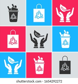 Set Recycle bin with recycle symbol, Plastic bag with recycle and Sprout in hand of environmental protection icon. Vector