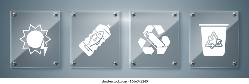 Set Recycle bin with recycle symbol, Recycling plastic bottle, Stop ocean plastic pollution and Solar energy panel. Square glass panels. Vector
