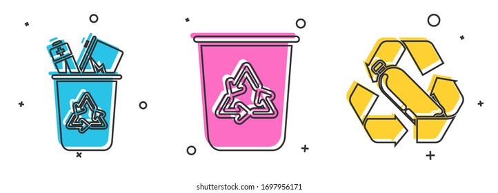 Set Recycle bin with recycle symbol, Recycle bin with recycle symbol and Recycling plastic bottle icon. Vector