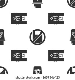 Coloque la papelera de reciclaje con el símbolo de reciclaje, diga no al póster de bolsas de plástico y Detenga la contaminación de plástico del océano en un patrón impecable. Vector