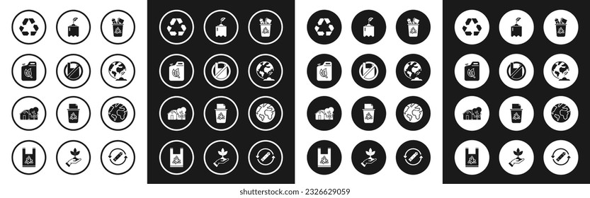 Set Recycle bin with recycle symbol, Say no to plastic bags poster, Bio fuel canister, Earth globe and plant, Sprout bottle,  and Eco friendly house icon. Vector