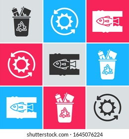 Coloque la papelera de reciclaje con el símbolo de reciclaje, el panel de energía solar y el icono Detener la contaminación de plástico del océano. Vector