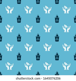 Set Recycle bin with recycle symbol and Sprout in hand of environmental protection on seamless pattern. Vector