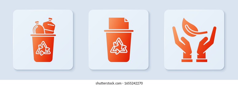 Coloque la papelera de reciclaje con el símbolo de reciclaje, la papelera de reciclaje con el símbolo de reciclaje y el brote en la mano de la protección medioambiental. Botón cuadrado blanco. Vector