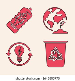 Set Recycle bin with recycle symbol, Stop ocean plastic pollution, Earth globe and plant and Recycle and light bulb with lightning symbol icon. Vector