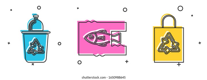 Set Recycle bin with recycle symbol, Stop ocean plastic pollution and Plastic bag with recycle icon. Vector