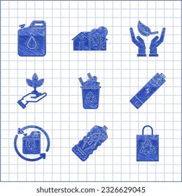 Set Recycle bin with recycle symbol, Stop ocean plastic pollution, Plastic bag, Battery, Bio fuel canister, Plant hand of environmental protection, Sprout and Canister for gasoline icon. Vector