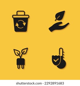 Set Recycle bin, Thermometer, Electric saving plug leaf and Leaf hand icon with long shadow. Vector