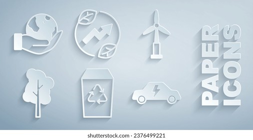 Set Recycle bin, Wind turbine, Tree, Electric car, saving plug leaf and Hand holding Earth globe icon. Vector