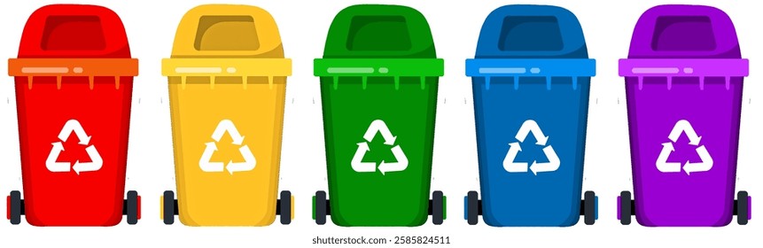 Set of recycle bins icons in various colors isolated on white background .Different types of trash cans for recycling with multicolored color. Symbolizing of sorting ecology, waste separation.