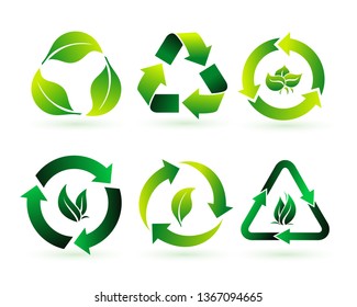 Set of recycle, biodegradable, and compostable concept of reduce reuse recycle concept. Recycled eco green icon. Easy to modify. Vector illustration. Isolated on white background.