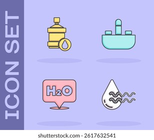 Set Recycle clean aqua, Big bottle with water, Chemical formula for H2O and Washbasin tap icon. Vector