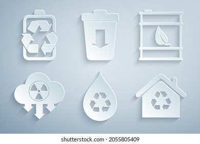 Set Recycle clean aqua, Bio fuel barrel, Acid rain and radioactive cloud, Eco House with recycling, Send to the trash and Battery recycle icon. Vector