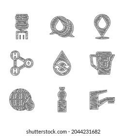 Set Recycle clean aqua, Bottle of water, Water tap, jug with filter, Earth planet in drop, Chemical formula for H2O, location and cooler icon. Vector
