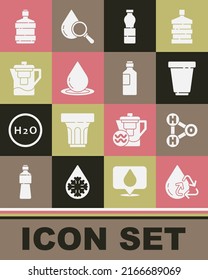 Set Recycle clean aqua, Chemical formula for H2O, Water filter cartridge, Bottle of water, drop, jug with, Big bottle and  icon. Vector