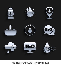 Set Recycle clean aqua, Chemical formula for H2O, Cloud with rain, Washbasin water tap, Water drop location and Fire hydrant icon. Vector