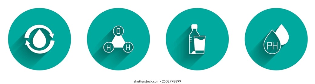 Set Recycle clean aqua, Chemical formula water H2O, Bottle of with glass and Water drop icon with long shadow. Vector
