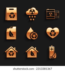 Set Recycle clean aqua, Eco friendly house, nature leaf and battery, heart, House with recycling, Bio fuel canister, Radioactive waste barrel and Shopping bag recycle icon. Vector