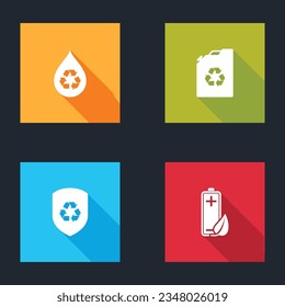 Ajuste Reciclar agua limpia, cartucho de combustible ecológico, escudo interior y hoja natural e icono de batería. Vector