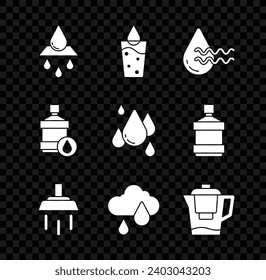 Set Recycle clean aqua, Glass with water, Shower, Cloud rain, Water jug filter, Big bottle and drop icon. Vector