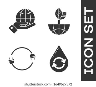 Set Recycle clean aqua, Human hands holding Earth globe, Electric plug and Earth globe and leaf icon. Vector