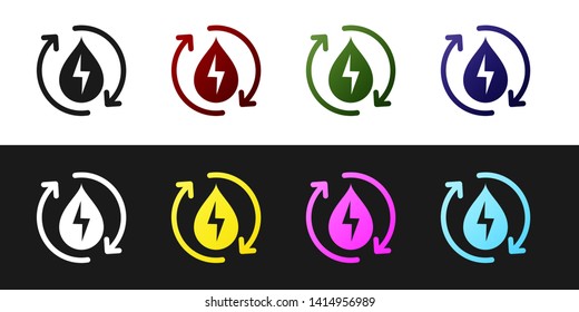 Set Recycle clean aqua icon isolated on black and white background. Water recycling energy symbol. Drop of water with recycling. Water refresh arrows. Vector Illustration