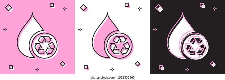 Set Recycle clean aqua icon isolated on pink and white, black background. Drop of water with sign recycling.  Vector Illustration