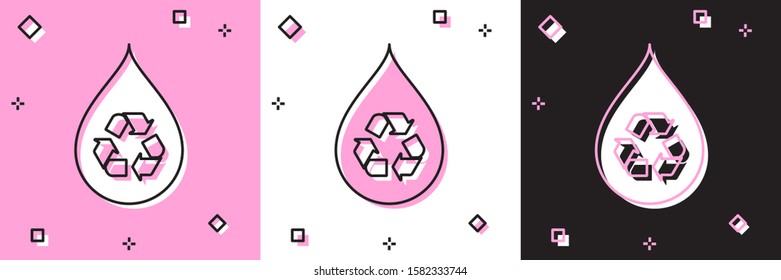 Set Recycle clean aqua icon isolated on pink and white, black background. Drop of water with sign recycling.  Vector Illustration